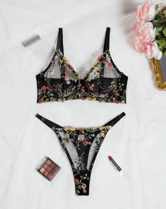 Black Lingerie Floral Set