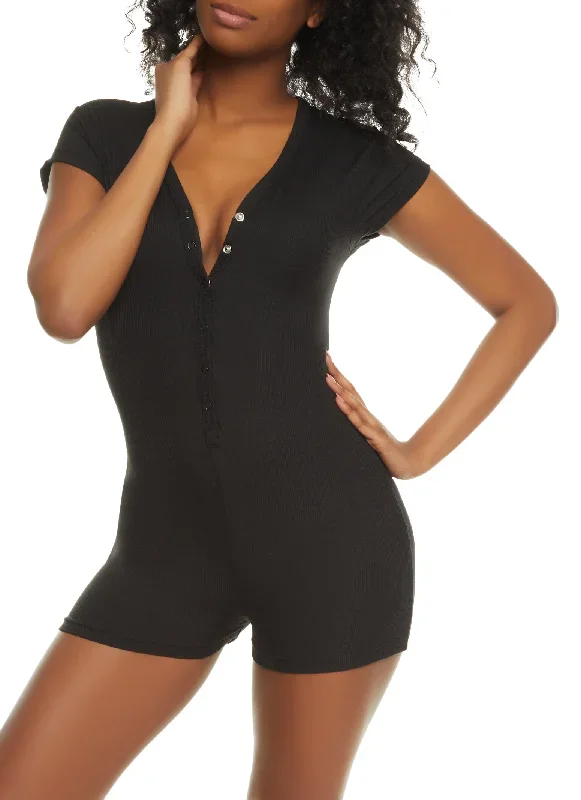 Ribbed Snap Button Front Pajama Romper