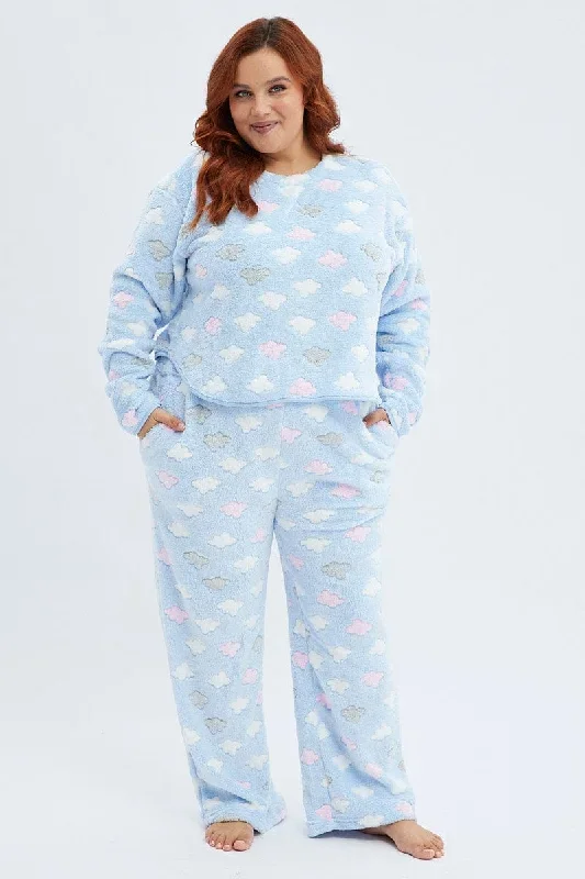 Blue Print Fluffy PJ Cloud Print Cosy Pyjama Set