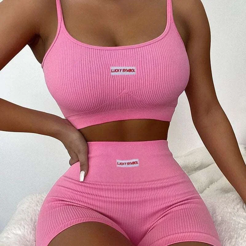 BOOFEENAA Pink Biker Shorts Crop Top Two Piece Set Sexy Bodycon Tracksuit Women Loungewear 2 Piece Summer Matching Set C66-CE18