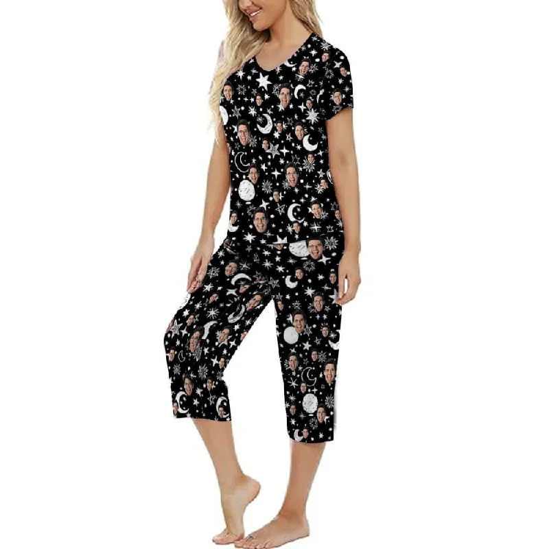 custom-face-black-starry-sky-womens-loungewear-set-short-sleeve-shirt-and-capri-pants-sleepwear-pajama-set