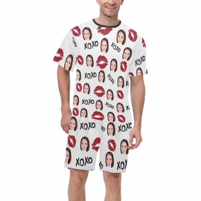 custom-girlfriend-face-pajamas-personalized-red-lips-mens-crew-neck-short-sleeve-pajama-set