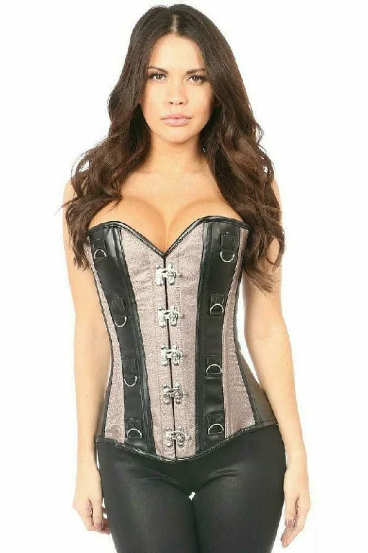 Deluxe Gunmetal Brocade & Faux Leather Steel Boned Corset