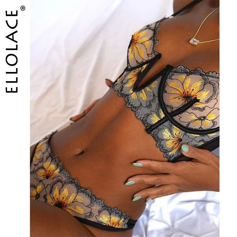 Ellolace Fancy Lingerie Floral Sexy Underwear Luxury Lace Deep-V Bra Set Women 2 Piece Transparent Sheer Bilizna Set Of Sex