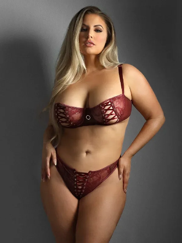 Fantasy Edge Queen Lace-up Balconette Bra Crotchless Panty Set Burgundy