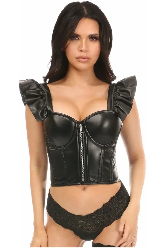 Lavish Black Faux Leather Bustier Top w/Ruffle Sleeves