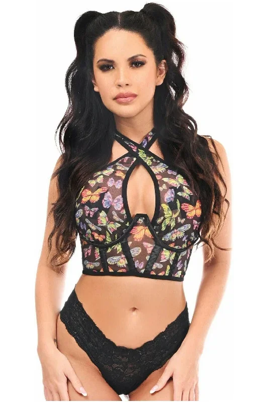 Lavish Multi Butterflies Mesh Underwire Cincher w/Built In Halter Top