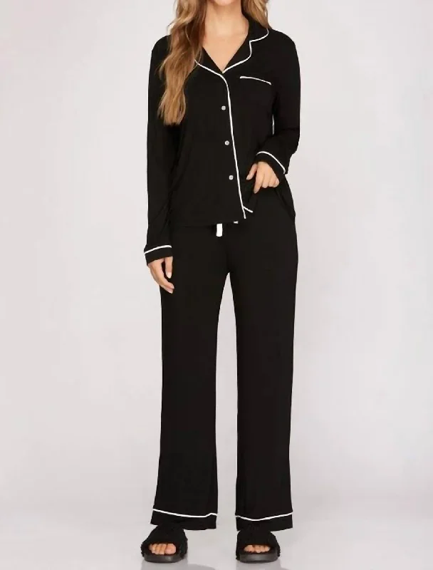 Long Sleeve Stretch Knit Pajama Set In Black