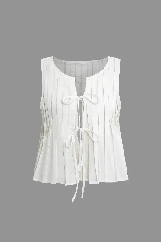 Sleeveless Pleated Tie-Front Tank Top