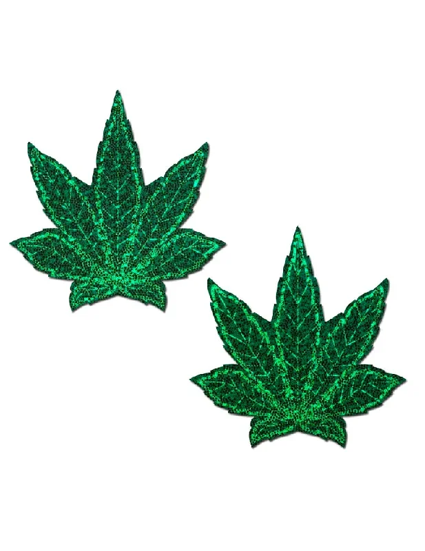 Pastease LFI-GLT-GR-P Indica Pot Leaf Glitter Green Nipple Covers