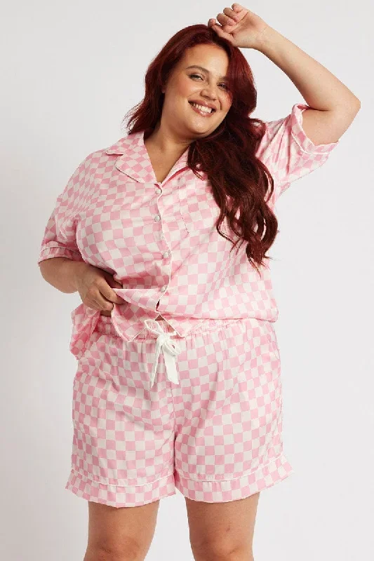 Pink Check Satin Pyjama Check Pj Two Piece PJ Set