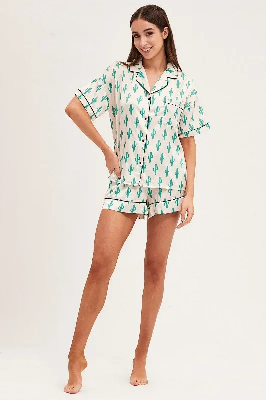 Print Short Sleeve Top & Shorts Satin Pj Set