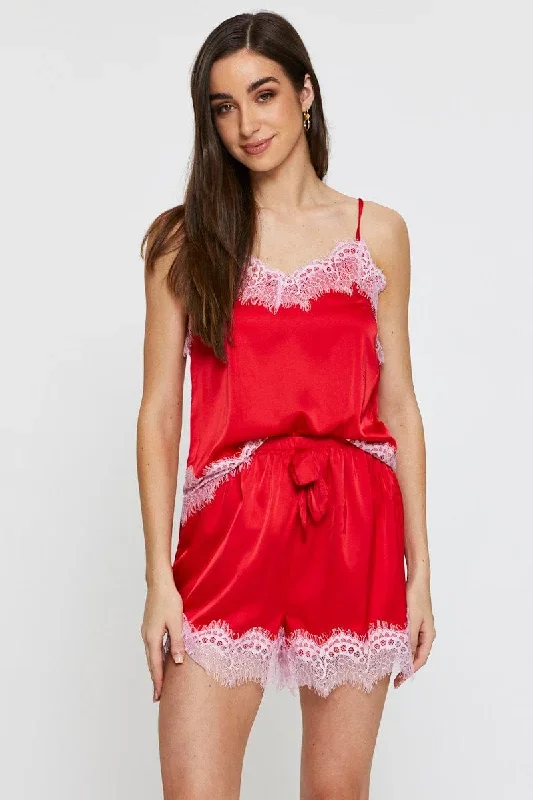 Red Satin Pajamas Set Sleeveless