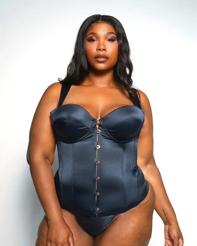 Satin Structured Lace Back Corset Set Black Curvy