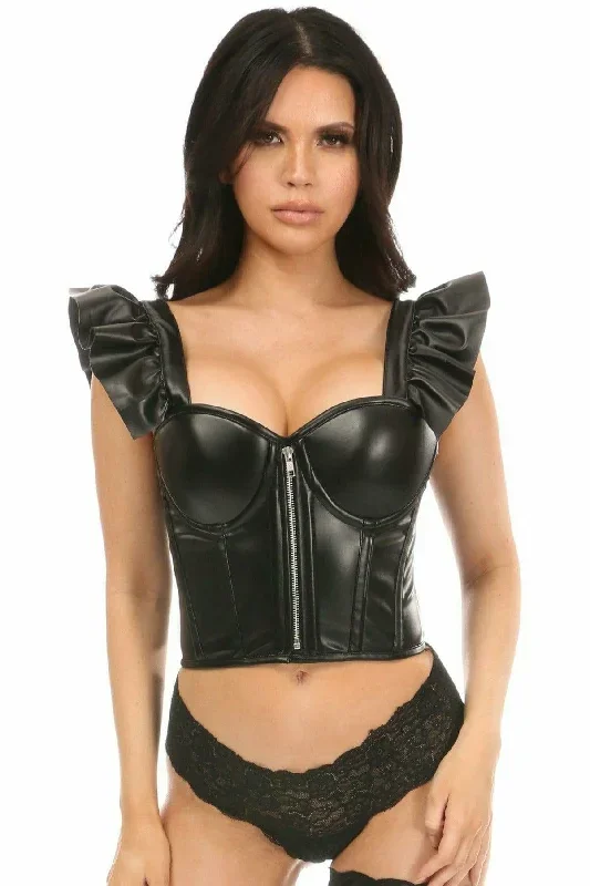 Sexy Black Faux Leather Bustier Top with Ruffle Sleeves