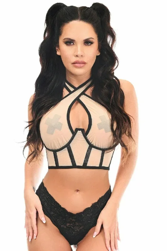 Sexy Nude Mesh Underwire Cincher with Built In Halter Top