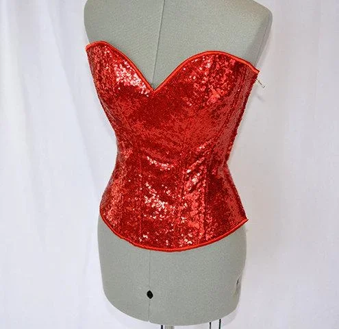 Shiny sequins overbust authentic corset with long hip-line. Steel-boned corset for tight lacing. Prom, vintage, burlesque, valentine corset