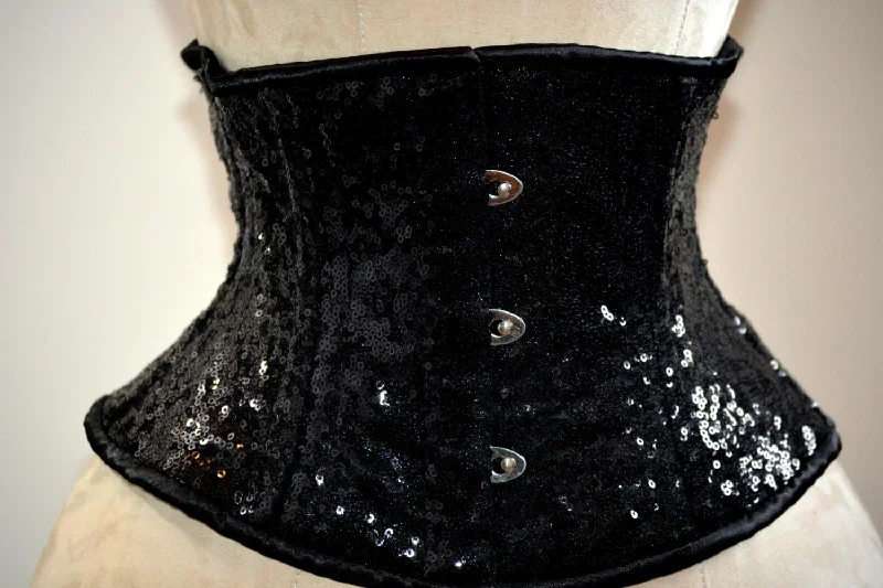 Shiny sequins steel-boned authentic waspie corset for tight lacing and waist training. Gothic, vintage, burlesque, pinup, steampunk, prom