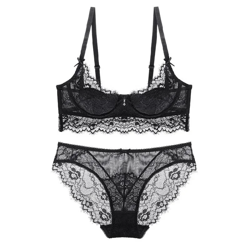 Shirley Transparent Lace Bra Set (Black)