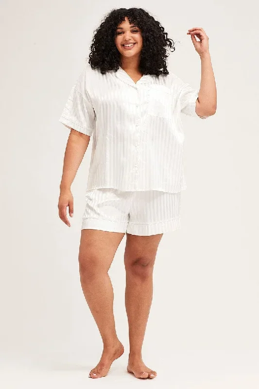 Stripe Pyjamas Set Short Sleeve Collared Shorts Satin