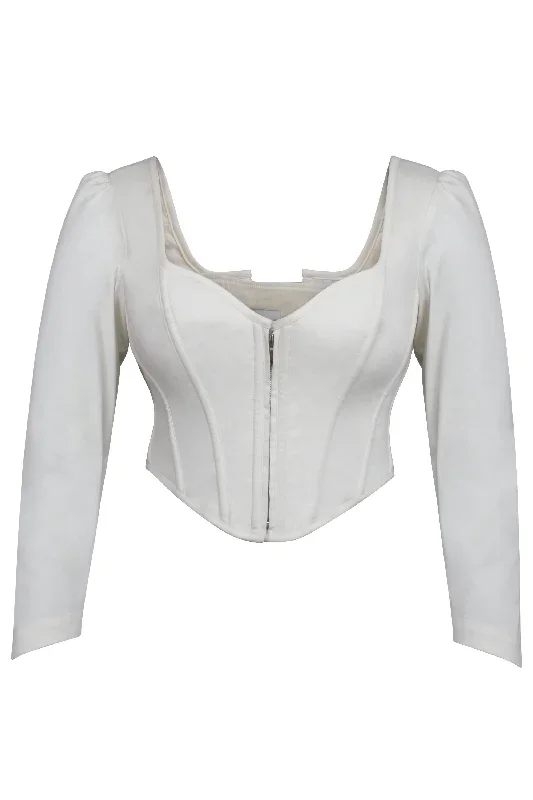 Theodora Whisper White Stretch Cotton Corset Top with Long Sleeves