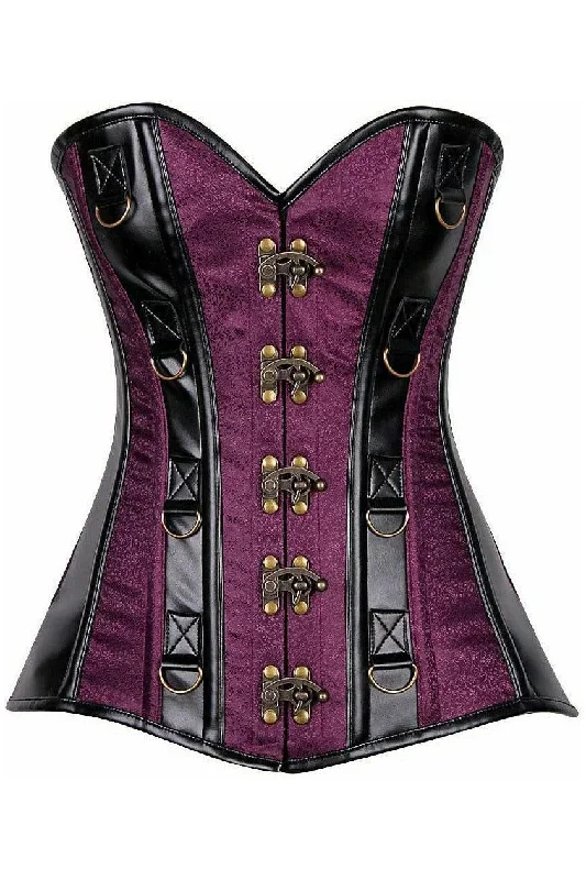 Top Drawer Plum Brocade & Faux Leather Steel Boned Corset