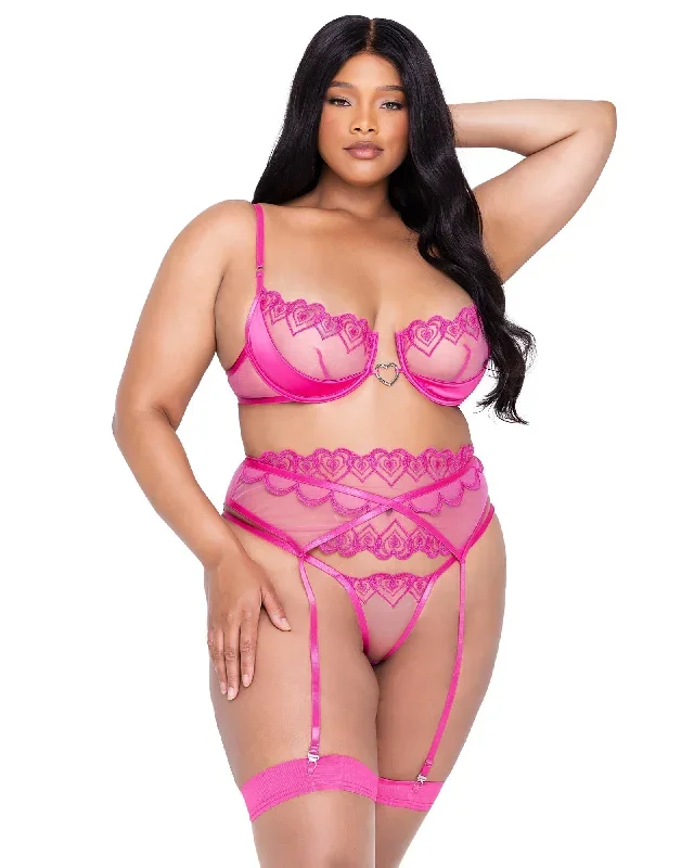 Valentines Bubblegum Heart Garter Bra Set Pink Plus Size