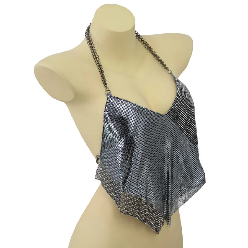 Western Fashion Asymmetrical Rhinestone Mesh Hanky Hem Halter Top