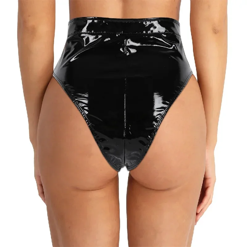 Women Lingerie Sexy Panties Wetlook PVC High Cut Zippered with Belt Briefs Underwear Underpants Ladies Fashion Punk Clubwear